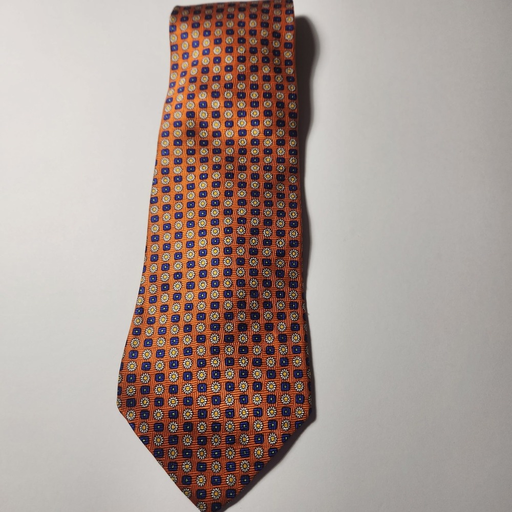 Honors Mens Silk Necktie Orange Blue Geometric Floral Daisy‎ Pattern Silk Tie